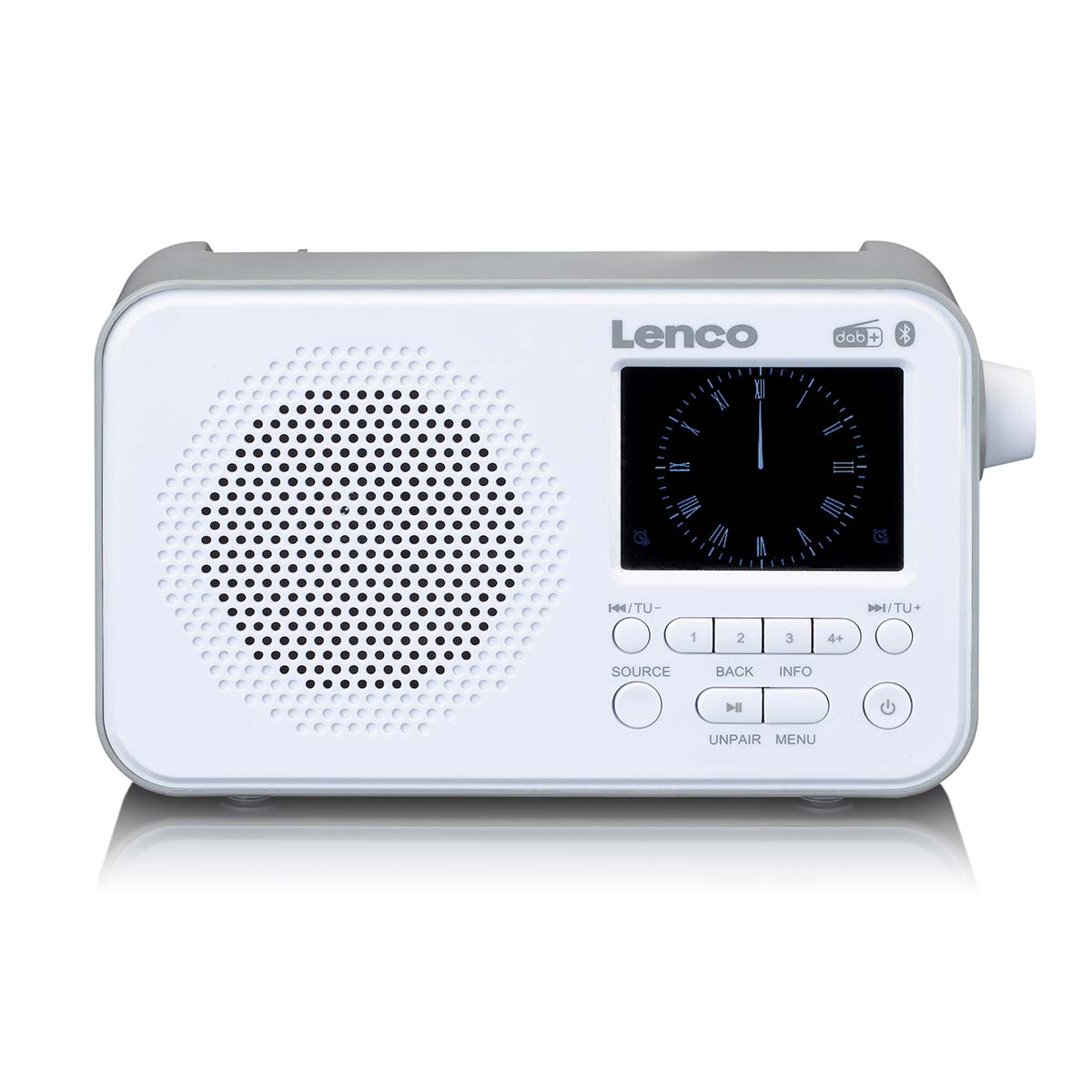 Une radio Lenco DAB+ blanche avec affichage de l'heure, grille de haut-parleur, boutons et bouton de volume.
