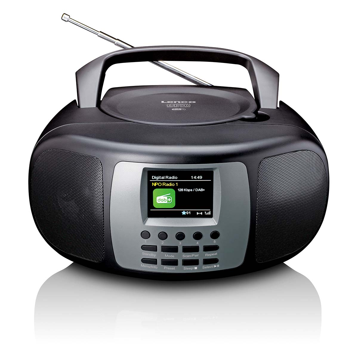 Radio DAB+ Lenco nera con lettore CD, display digitale e antenna estensibile.