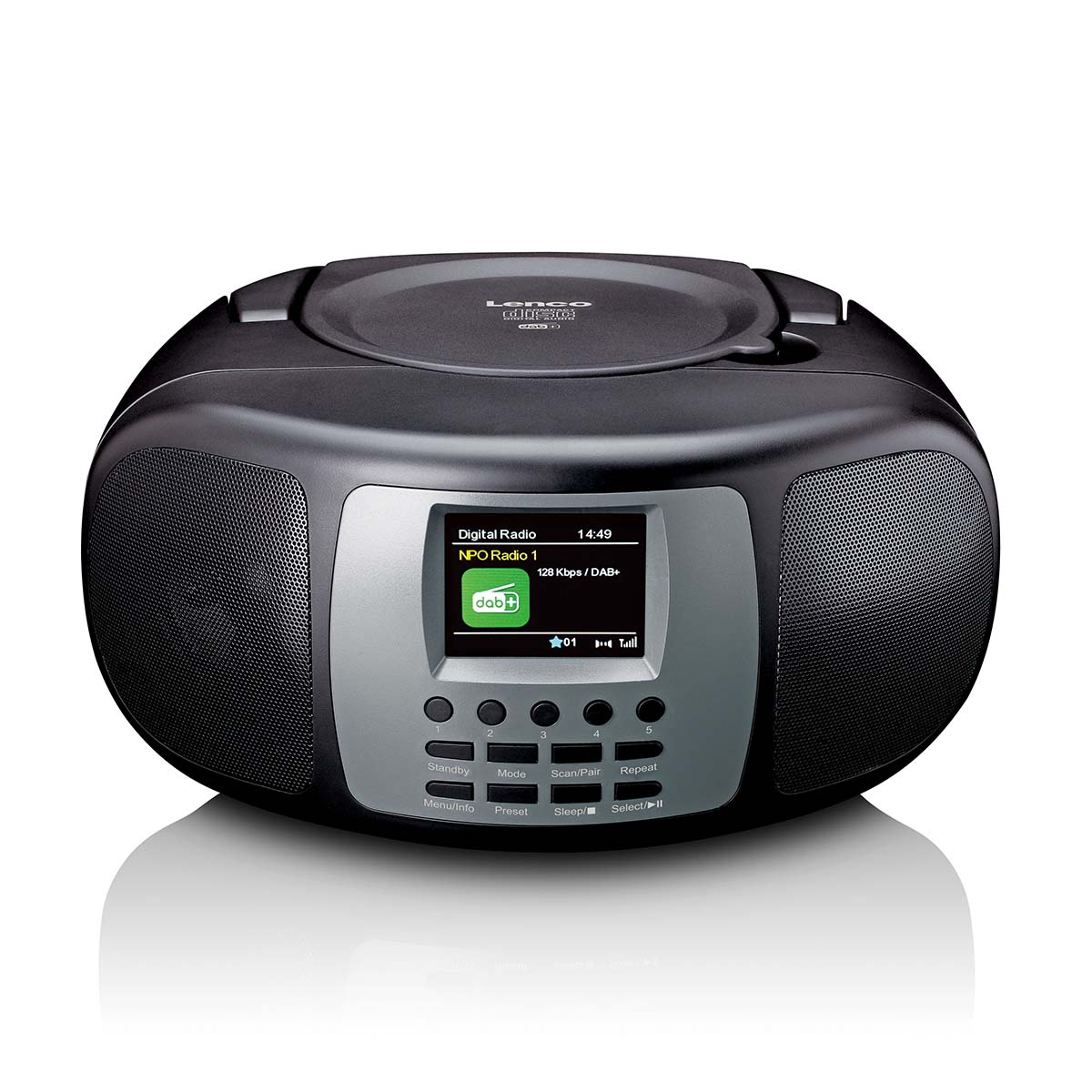 Radio digitale Lenco nera con lettore CD, schermo LCD e pulsanti di controllo su fronte argento.