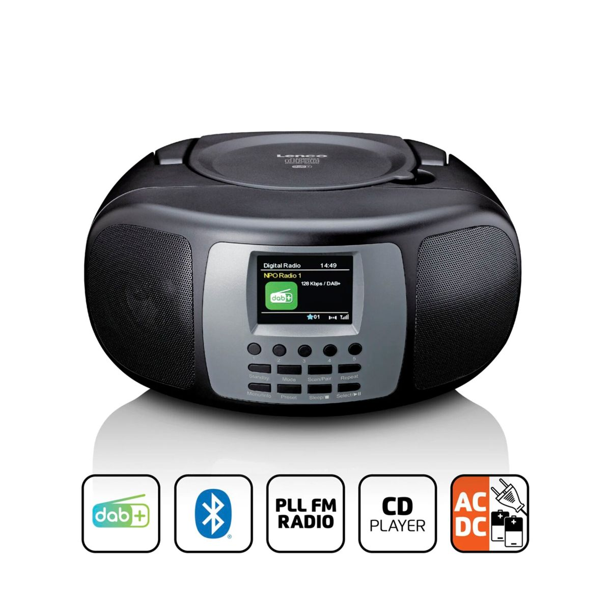Radio nera con lettore CD, display e icone Bluetooth in basso.