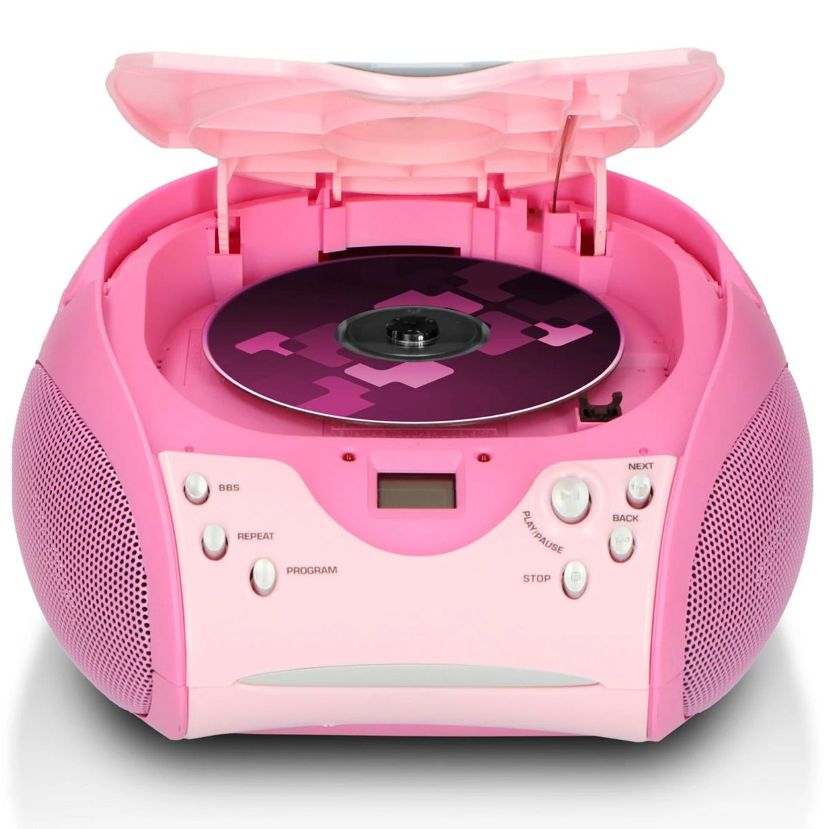 Un lettore CD rosa con coperchio aperto e un CD inserito su sfondo bianco.
