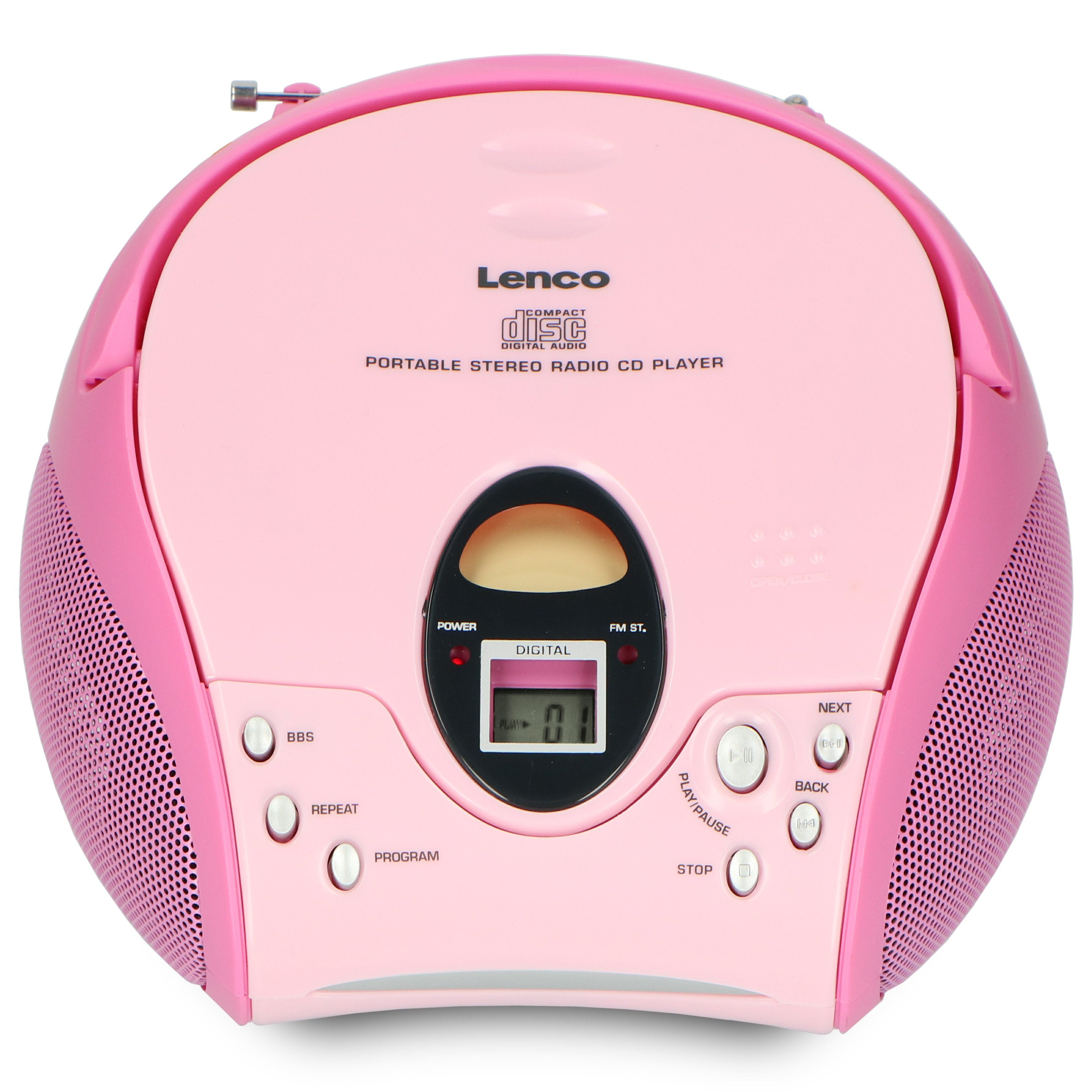 Un lettore CD portatile Lenco rosa e rotondo con altoparlanti ai lati e display digitale al centro.