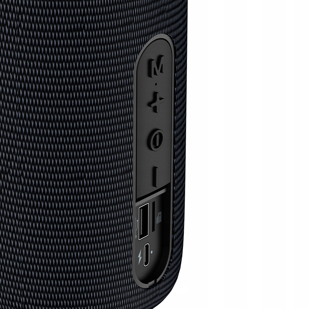 Vista laterale di un altoparlante Bluetooth nero con pulsanti di controllo e porte.