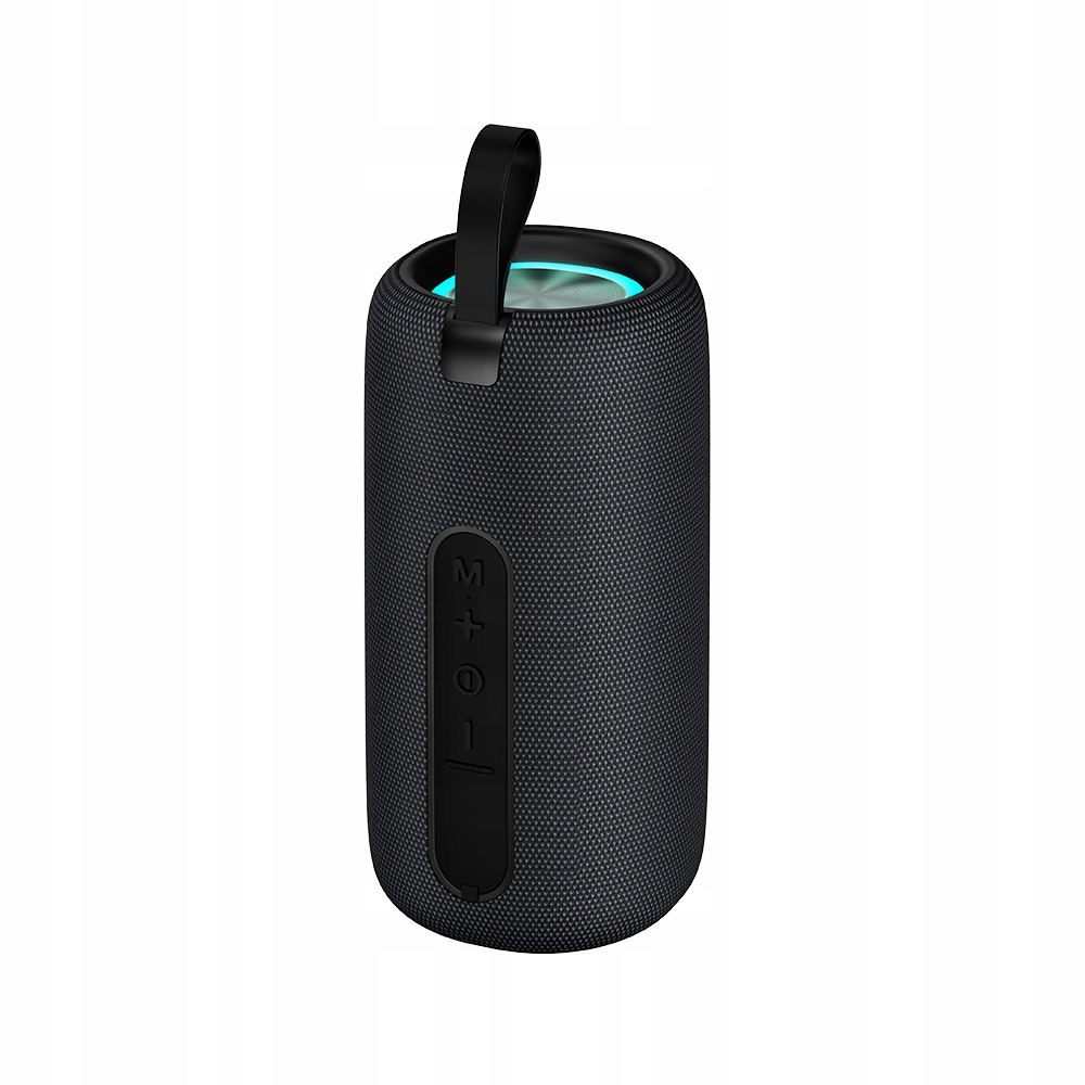Un altoparlante Bluetooth nero cilindrico con tracolla e illuminazione blu in alto.