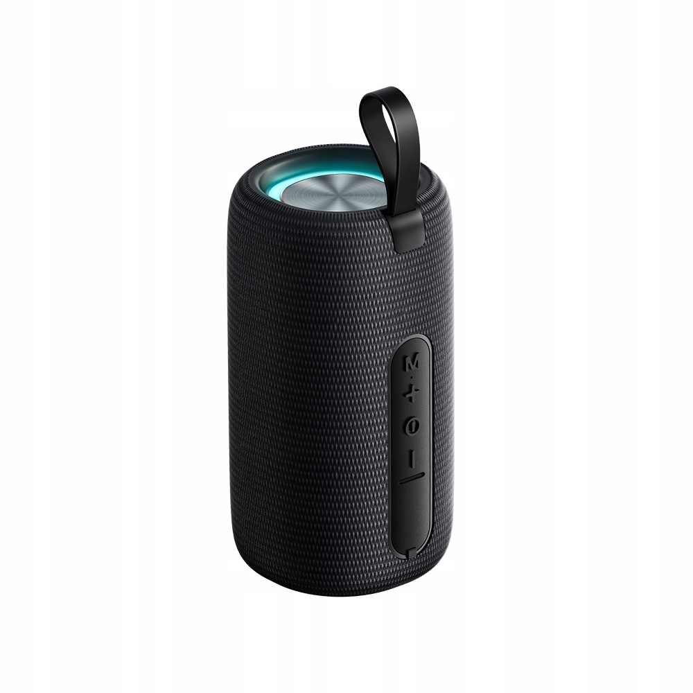 Un altoparlante Bluetooth nero cilindrico con tracolla e illuminazione blu.
