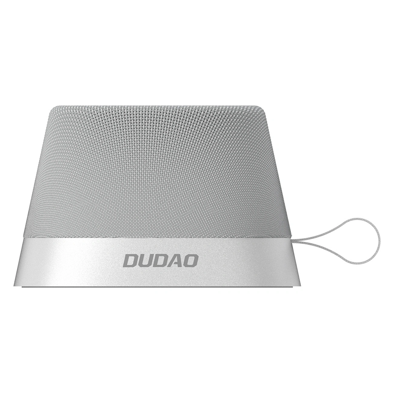 Un altoparlante wireless Dudao grigio con parte superiore in tessuto e cordino su sfondo bianco.