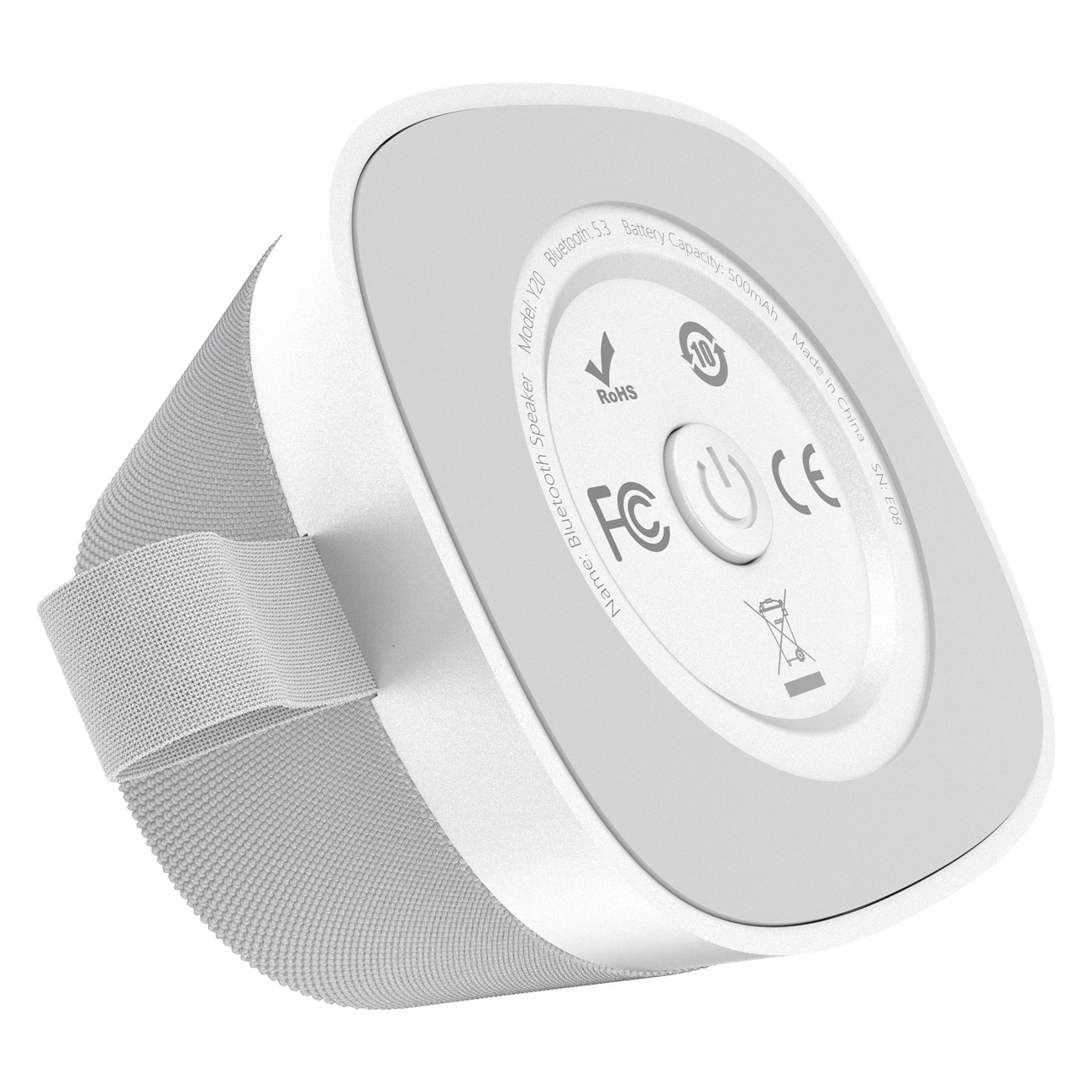 Un altoparlante Bluetooth quadrato bianco con rivestimento in tessuto, cinghia di trasporto e pannello di controllo circolare.