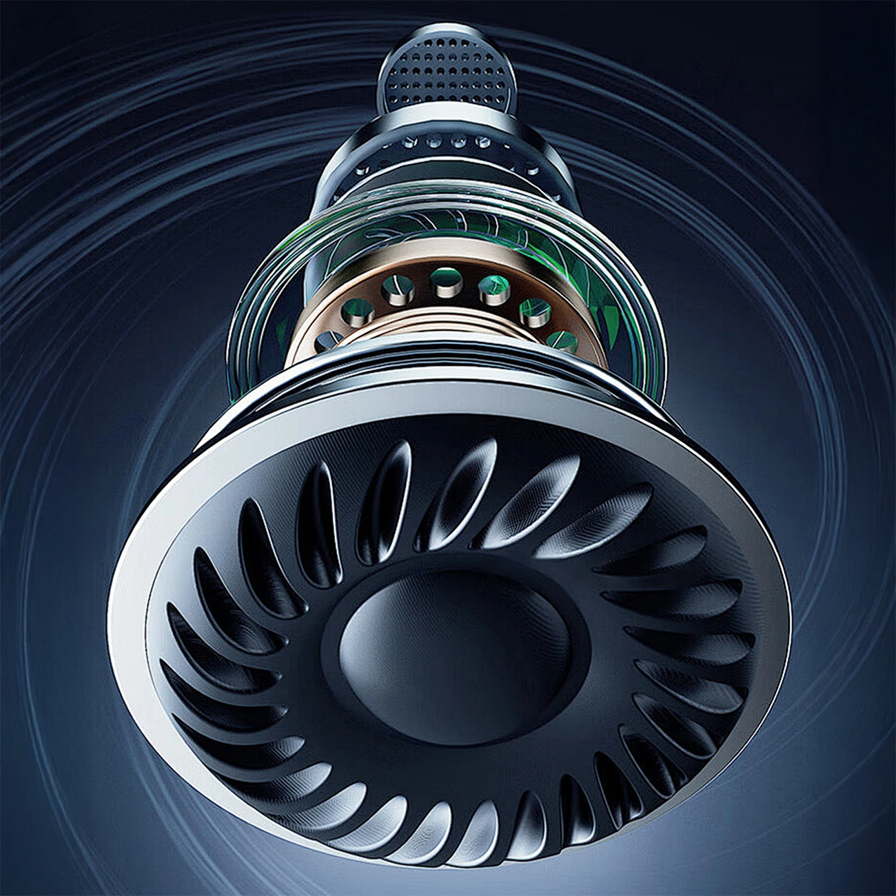 Vista interna dettagliata di un componente elettronico con anelli metallici e circuito verde su sfondo blu.