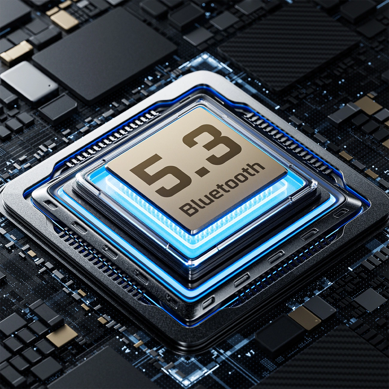 Primo piano di un chip processore su una scheda madre, etichettato '5.3 Bluetooth' e con luci blu incandescenti.