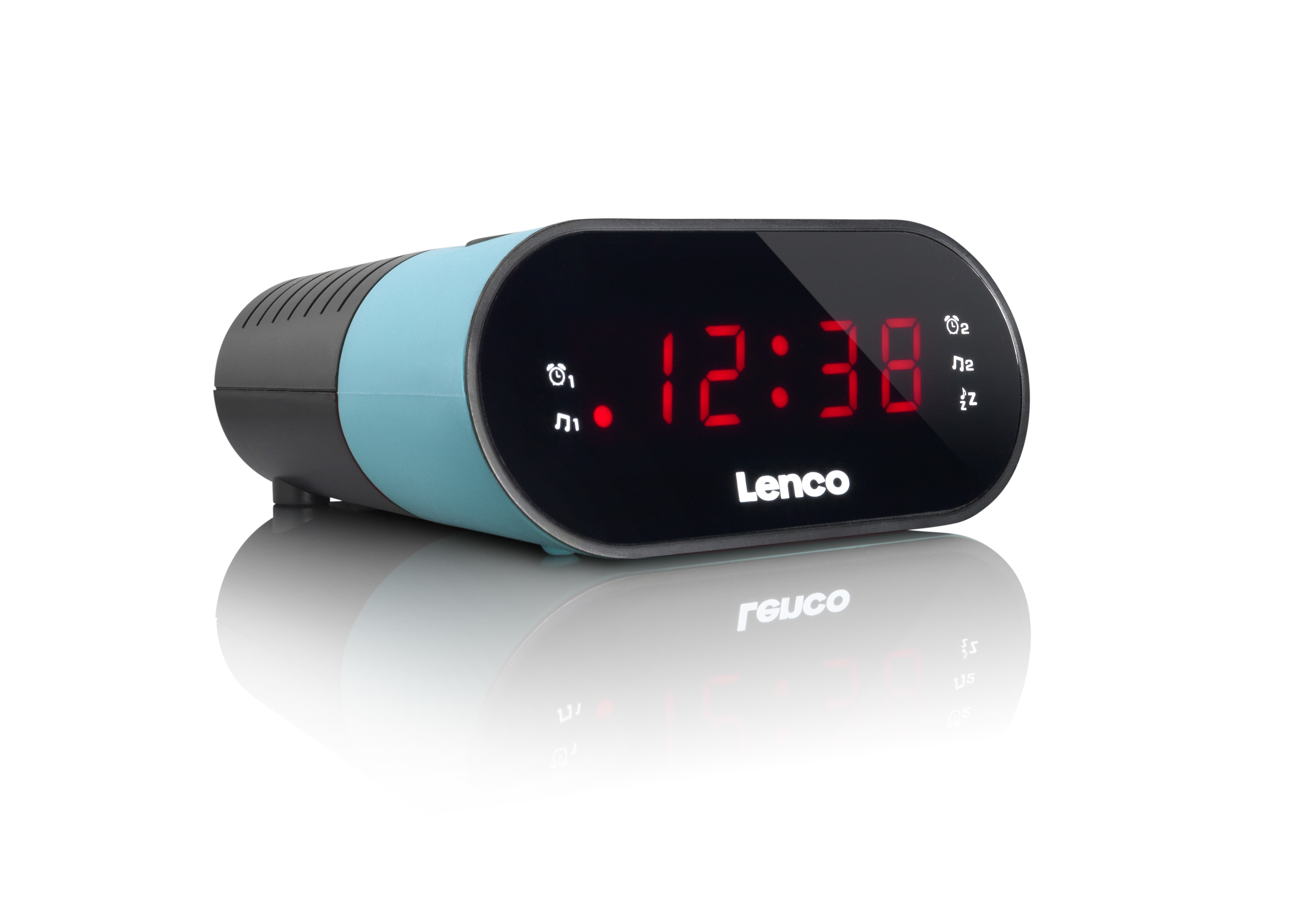 Una sveglia digitale Lenco blu e nera con display LED rosso che mostra le 12:38 su una superficie riflettente.