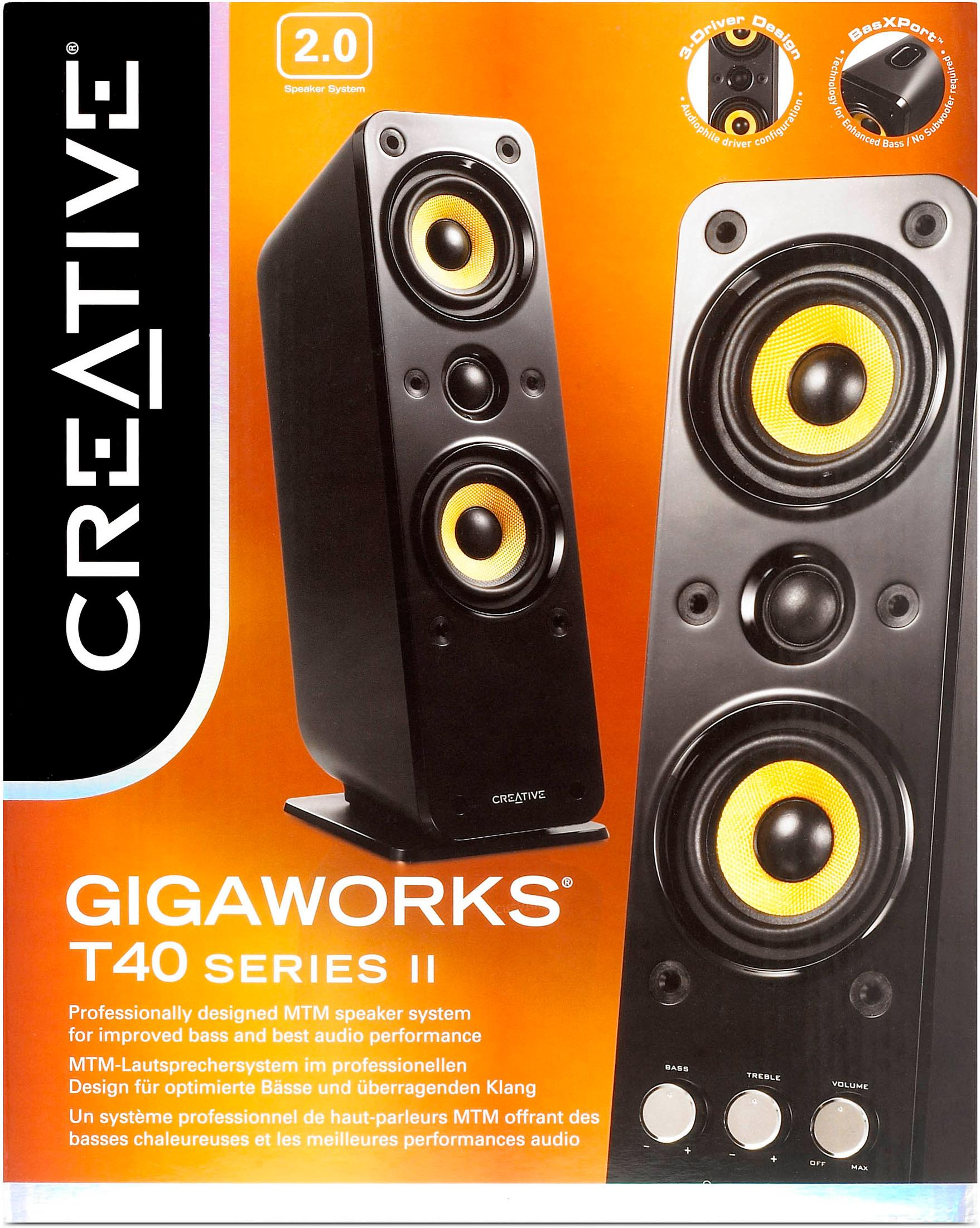 Scatola del prodotto per gli altoparlanti Creative Gigaworks T40 Series II su sfondo arancione.