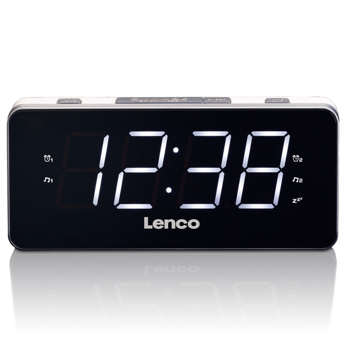 Una sveglia digitale Lenco nera mostra l'ora 12:38 con cifre LED bianche su sfondo bianco.