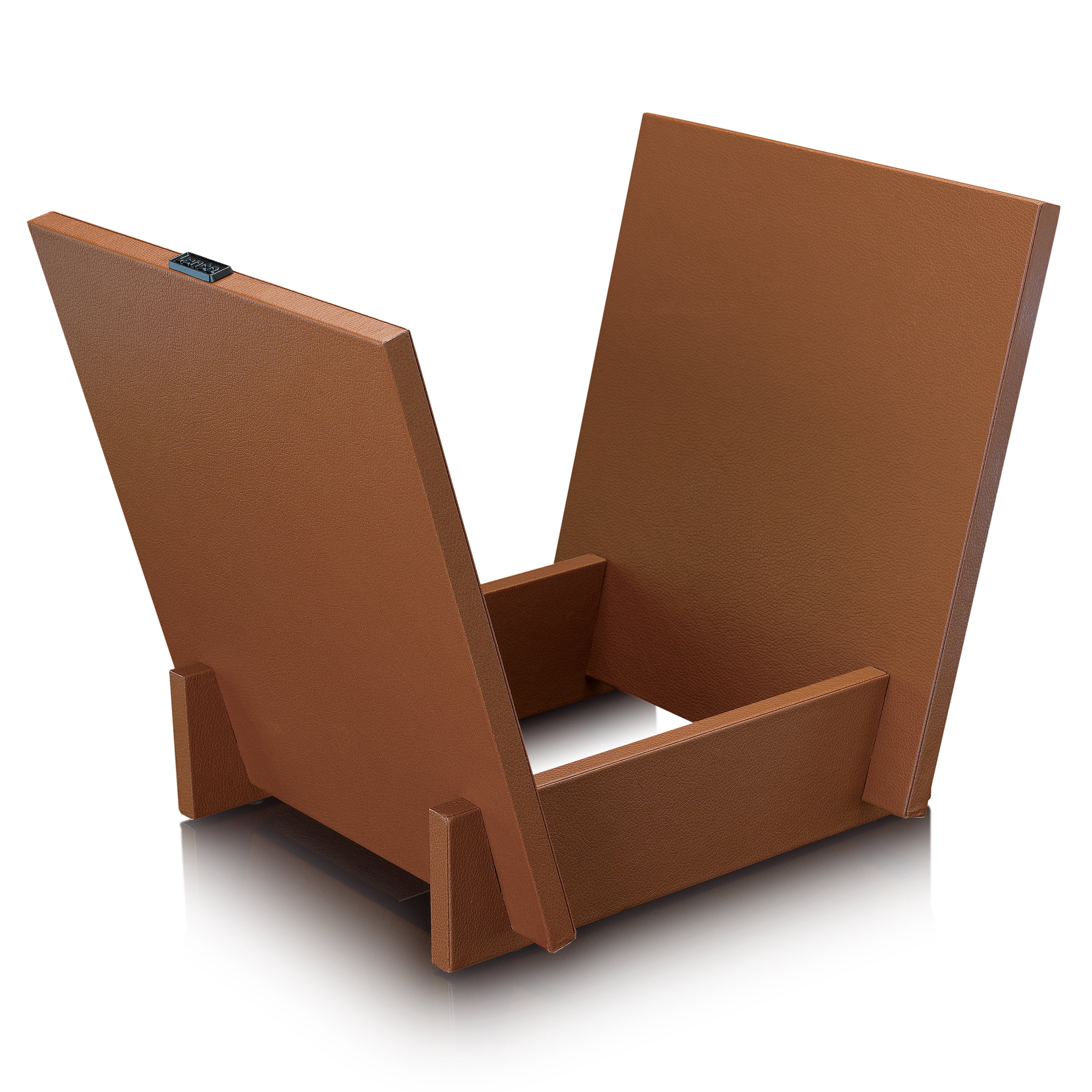 A brown leather-wrapped vinyl record storage stand on a white background.