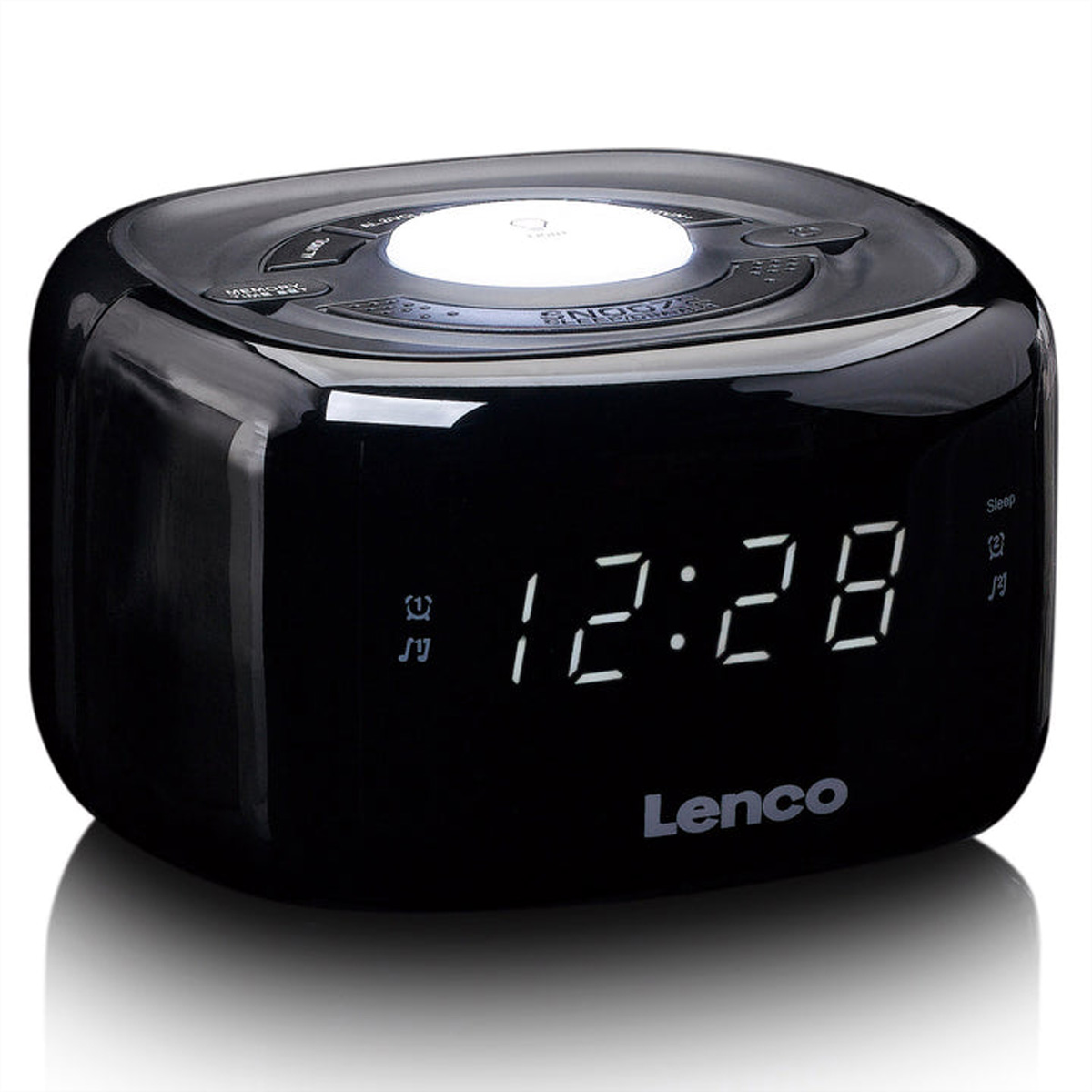Una radiosveglia digitale Lenco nera con display LED bianco che mostra le 12:28 su superficie lucida.