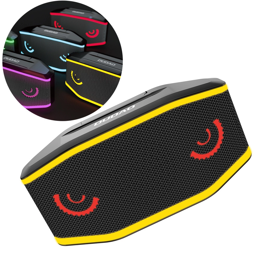 Un altoparlante Bluetooth Dudao nero con bordi gialli luminosi e un riquadro circolare con altre varianti di colore.