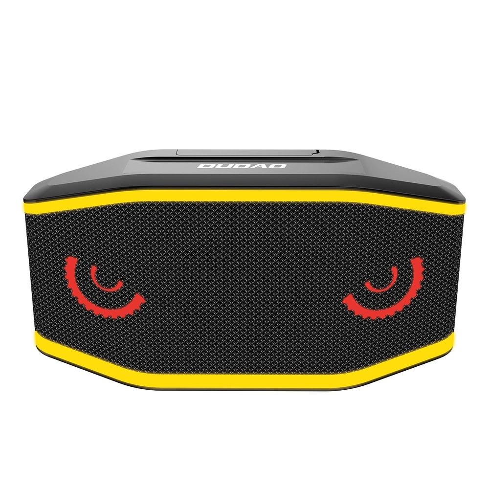 Altoparlante Bluetooth Dudao nero con bordo giallo e due motivi circolari rossi sul davanti.