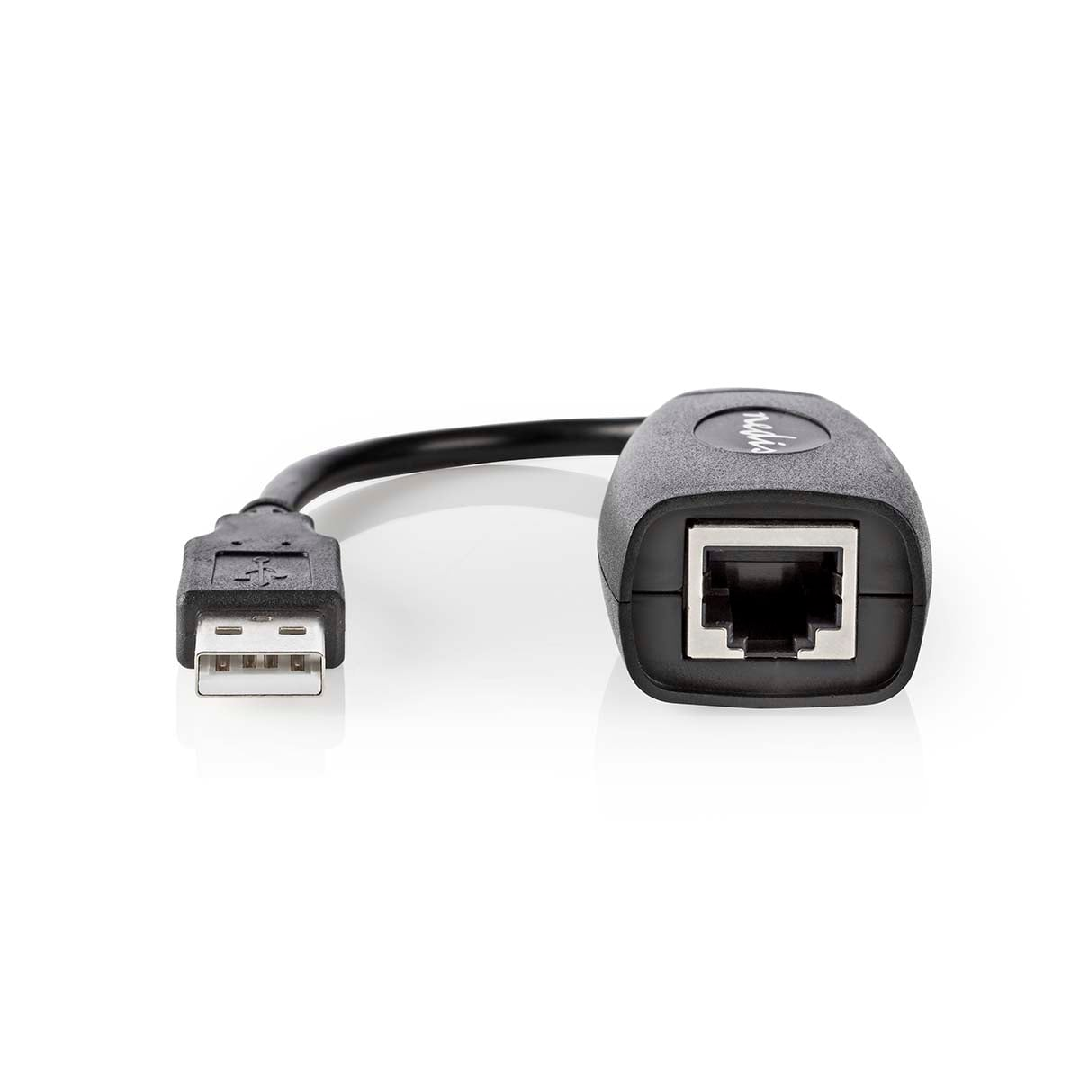 Un adattatore da USB a Ethernet nero con un cavo corto su sfondo bianco.