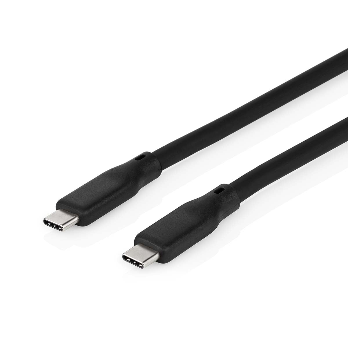 Due cavi USB-C neri con connettori su sfondo bianco.