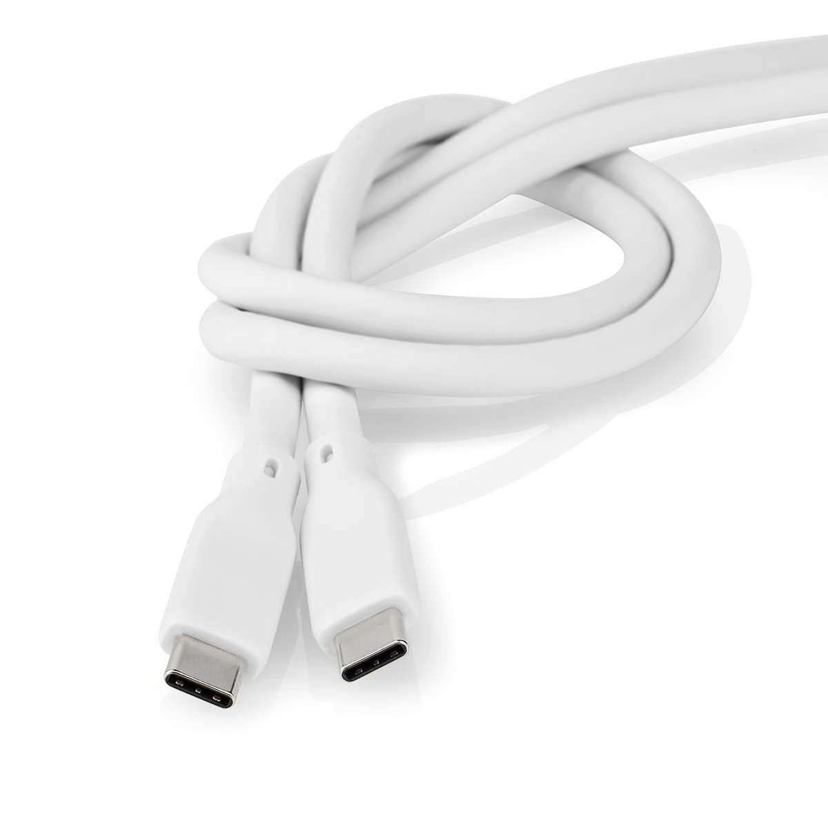 Ein gewickeltes weißes USB-C-Kabel vor weißem Hintergrund.