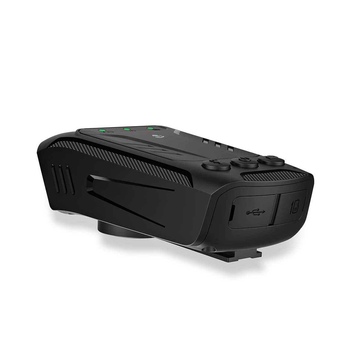 Dash cam nera con porta USB e pulsanti su sfondo bianco.