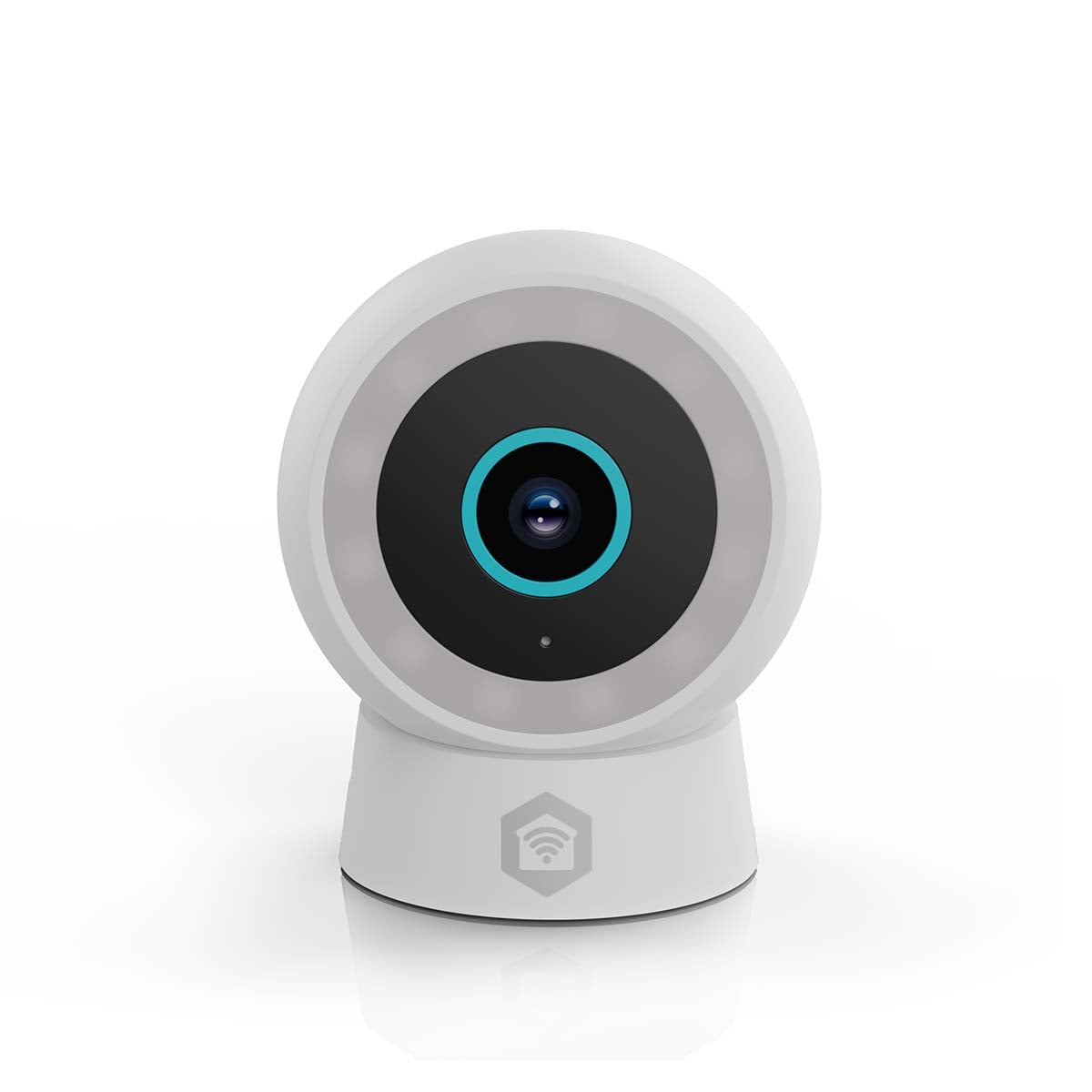 Une caméra de sécurité intelligente blanche avec un objectif à anneau bleu sur fond blanc.
