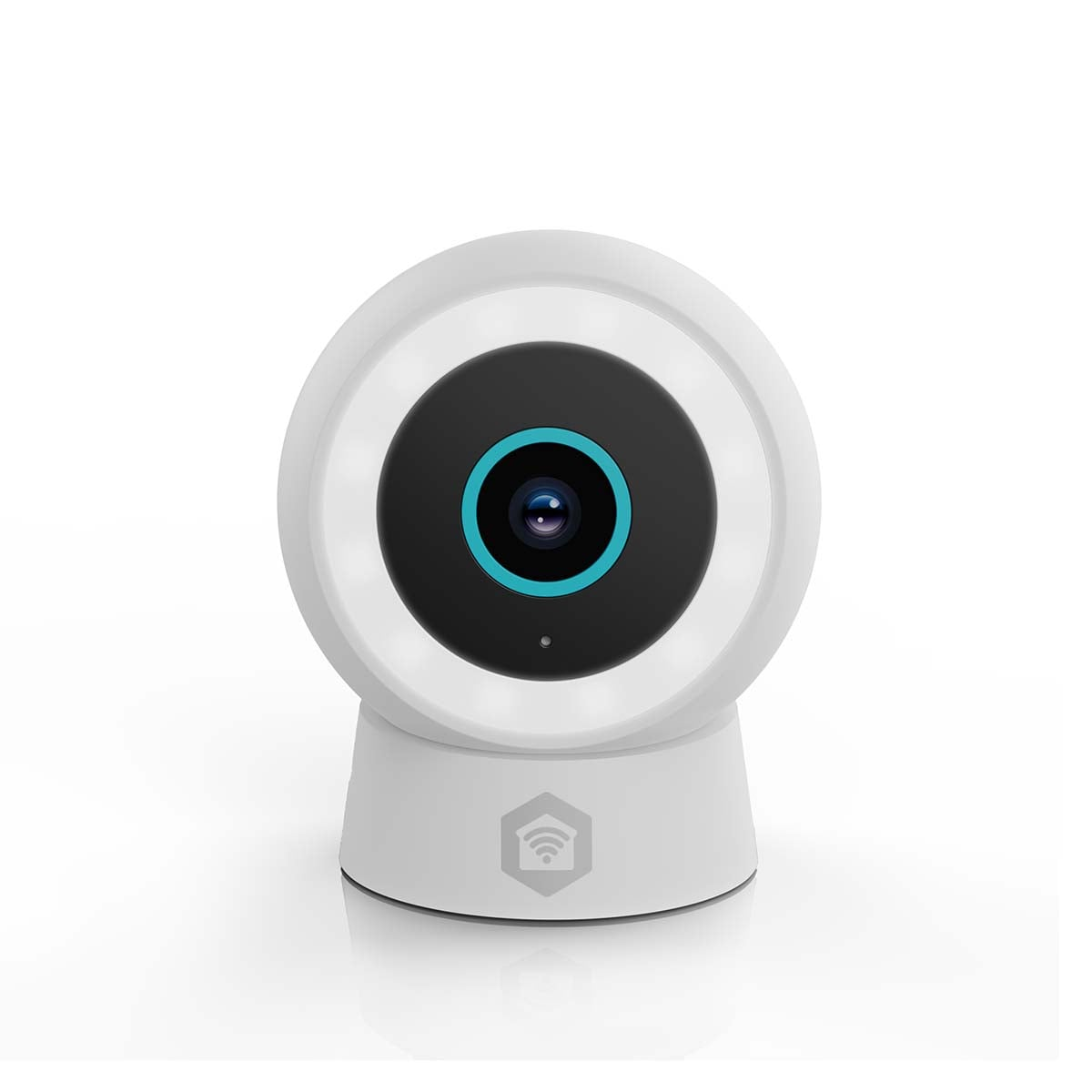 Une caméra de sécurité blanche avec corps rond, objectif central et anneau bleu sur fond blanc.