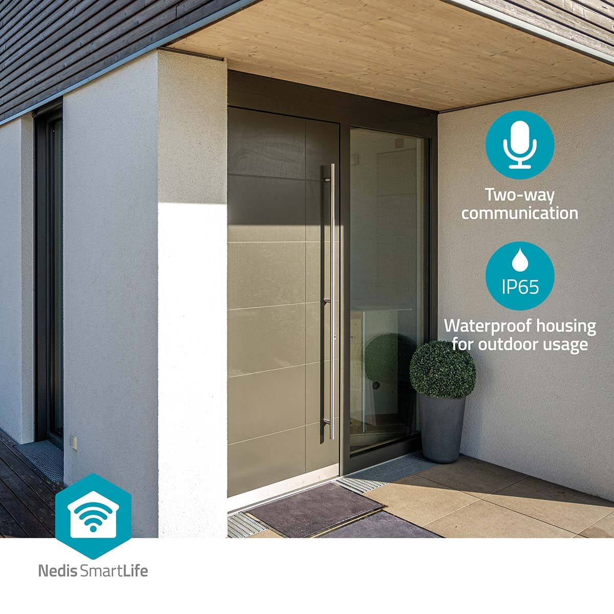 Porte d'entrée moderne avec longue poignée, communication bidirectionnelle et étanchéité IP65.