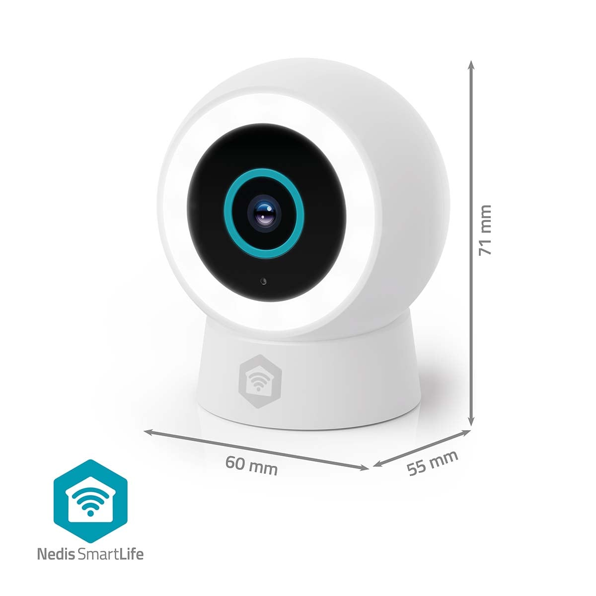 Caméra de sécurité Nedis SmartLife blanche et noire avec dimensions.