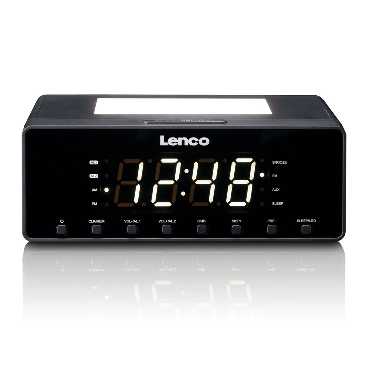 Sveglia digitale Lenco nera con un ampio display LED e pulsanti di controllo.