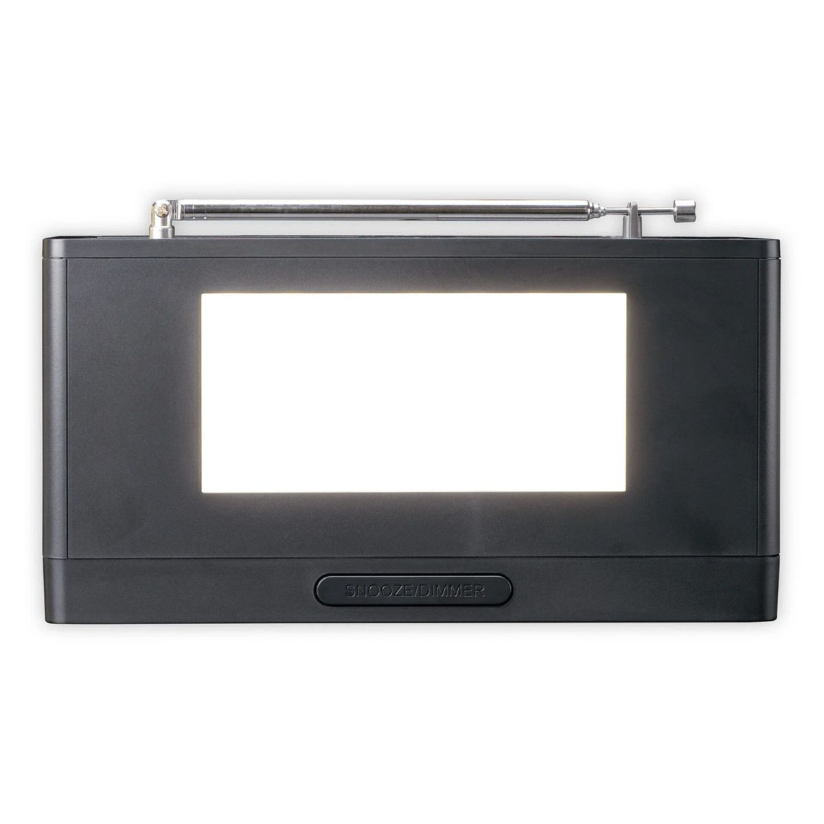 Una radiosveglia nera con display illuminato, antenna estensibile e pulsante snooze.