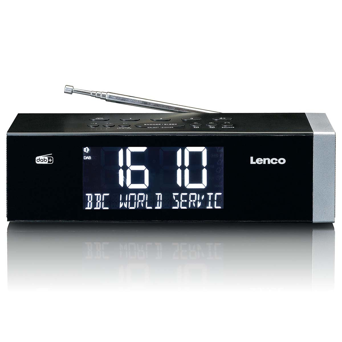 Una radio digitale Lenco nera con antenna, che mostra l'ora 16:10 e del testo sullo schermo su sfondo bianco.
