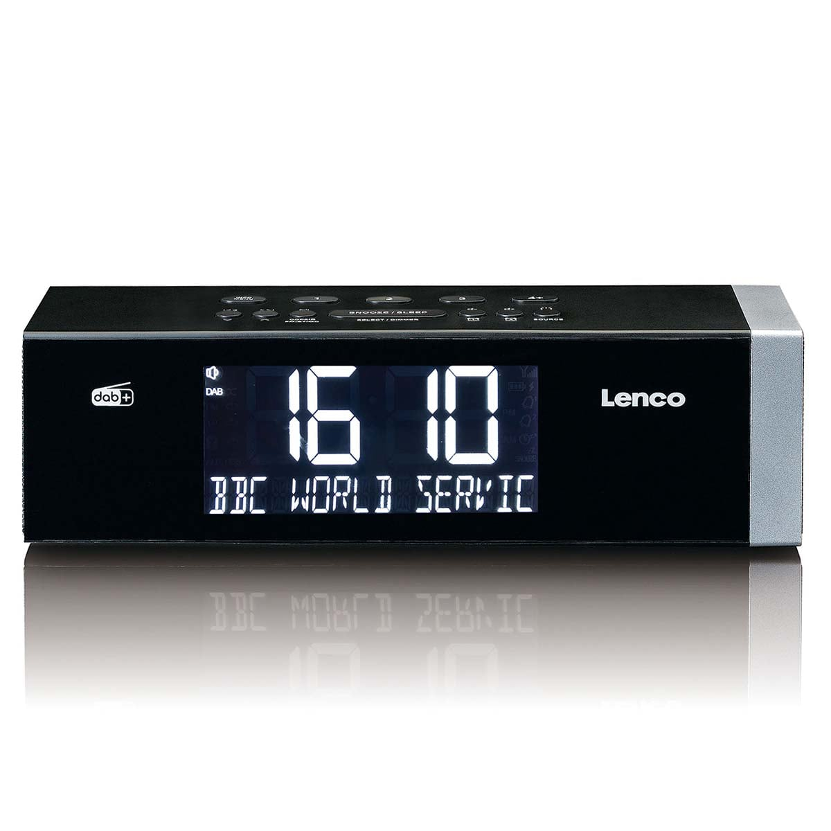 Una radiosveglia Lenco DAB+ nera mostra l'ora 16:10 e BBC World Service sullo schermo.