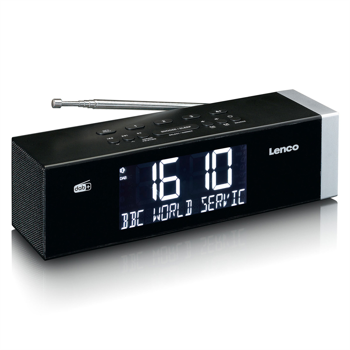 Radio digitale e sveglia Lenco DAB+ nera con display dell'ora digitale e antenna telescopica su sfondo bianco.