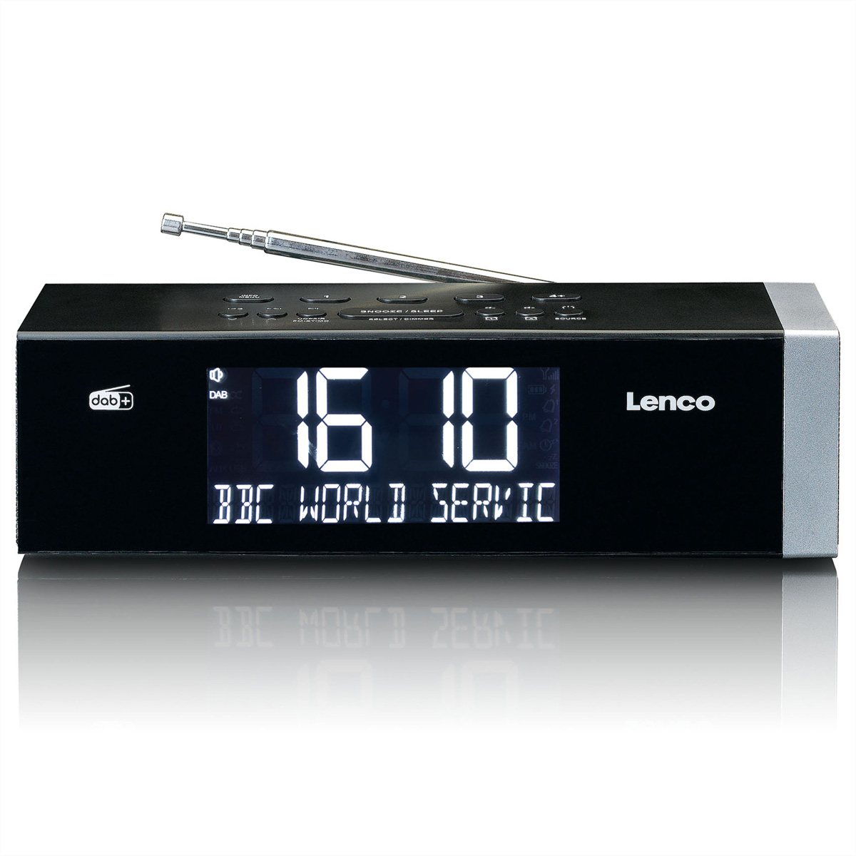 Radio sveglia Lenco DAB+ nera con display digitale dell'ora e antenna su sfondo bianco.