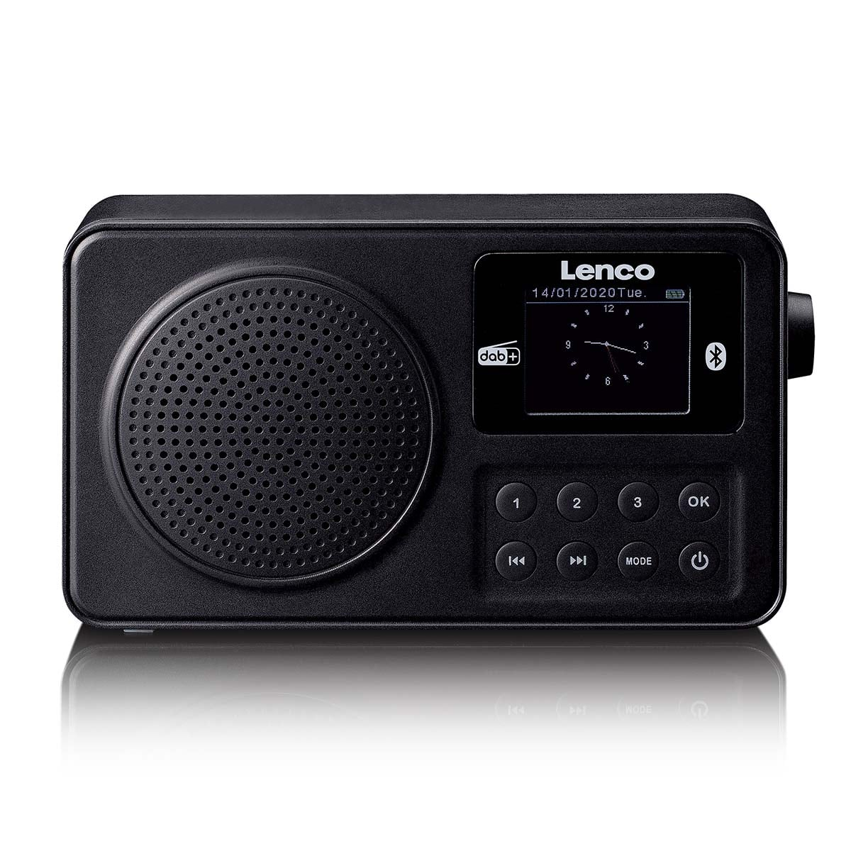 Una radio digitale Lenco nera con griglia per altoparlante, schermo e pulsanti di controllo su superficie bianca.
