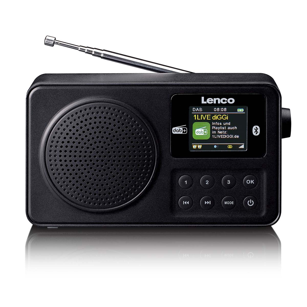 Una radio digitale Lenco nera con antenna, schermo, pulsanti di controllo e altoparlante.