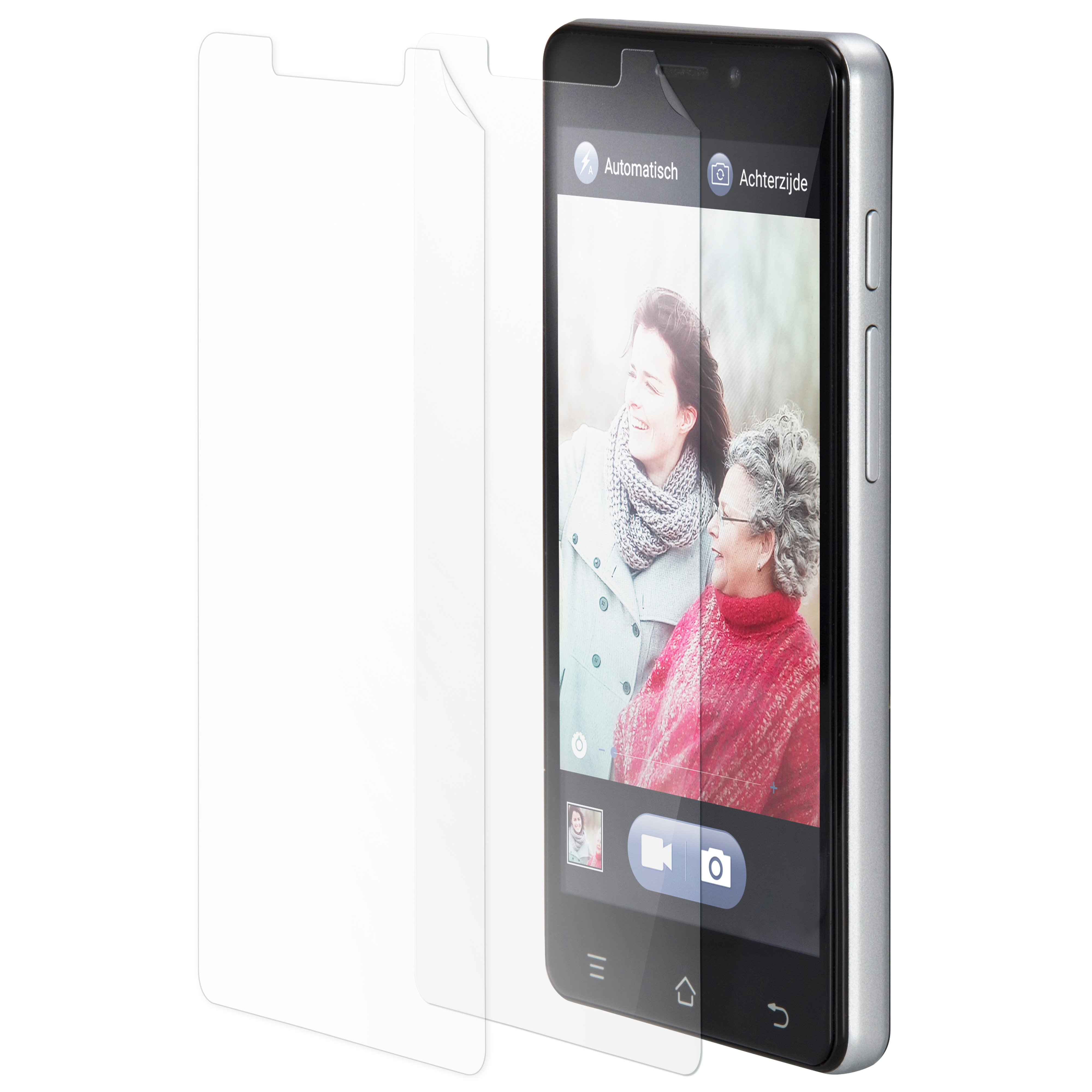 Un smartphone avec écran tactile et un protecteur d'écran transparent placé à côté sur fond blanc.