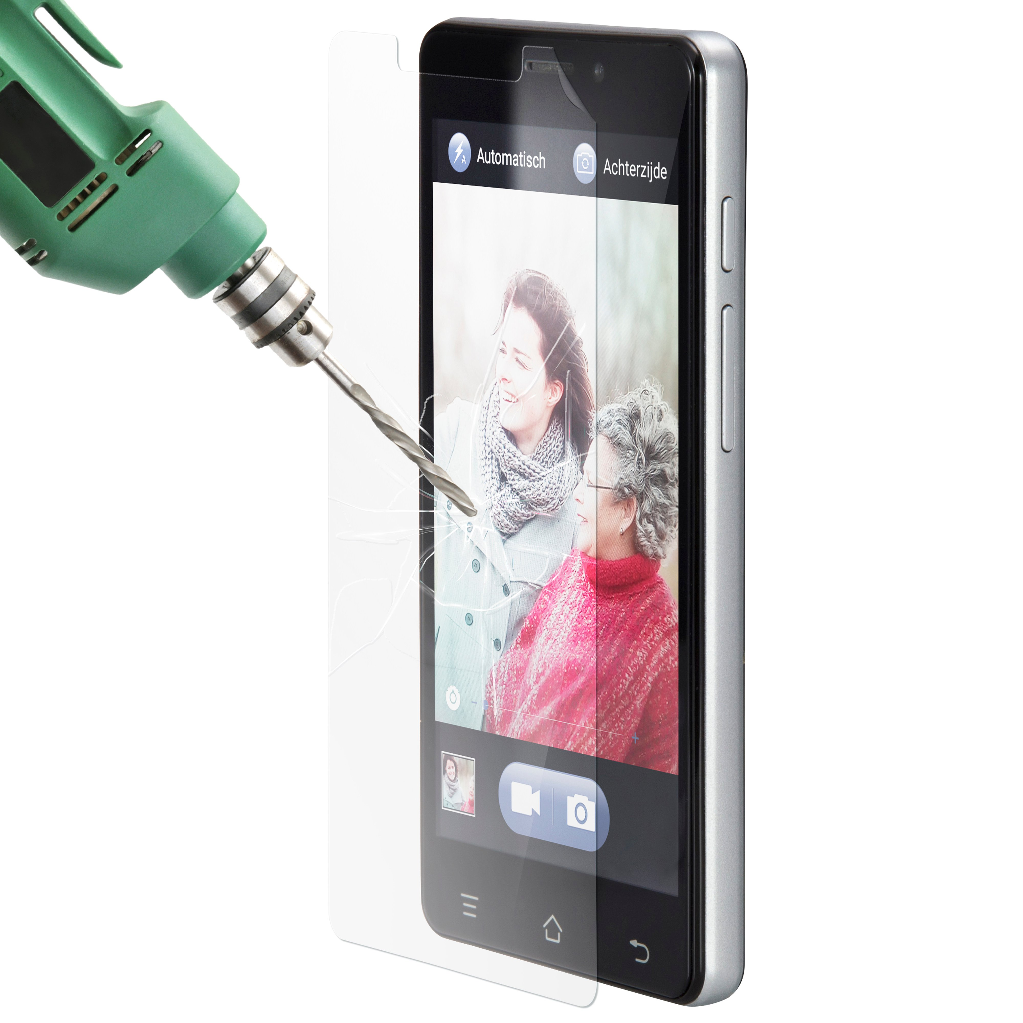 Une perceuse appuie sur le protecteur d'écran d'un smartphone, montrant sa résistance.