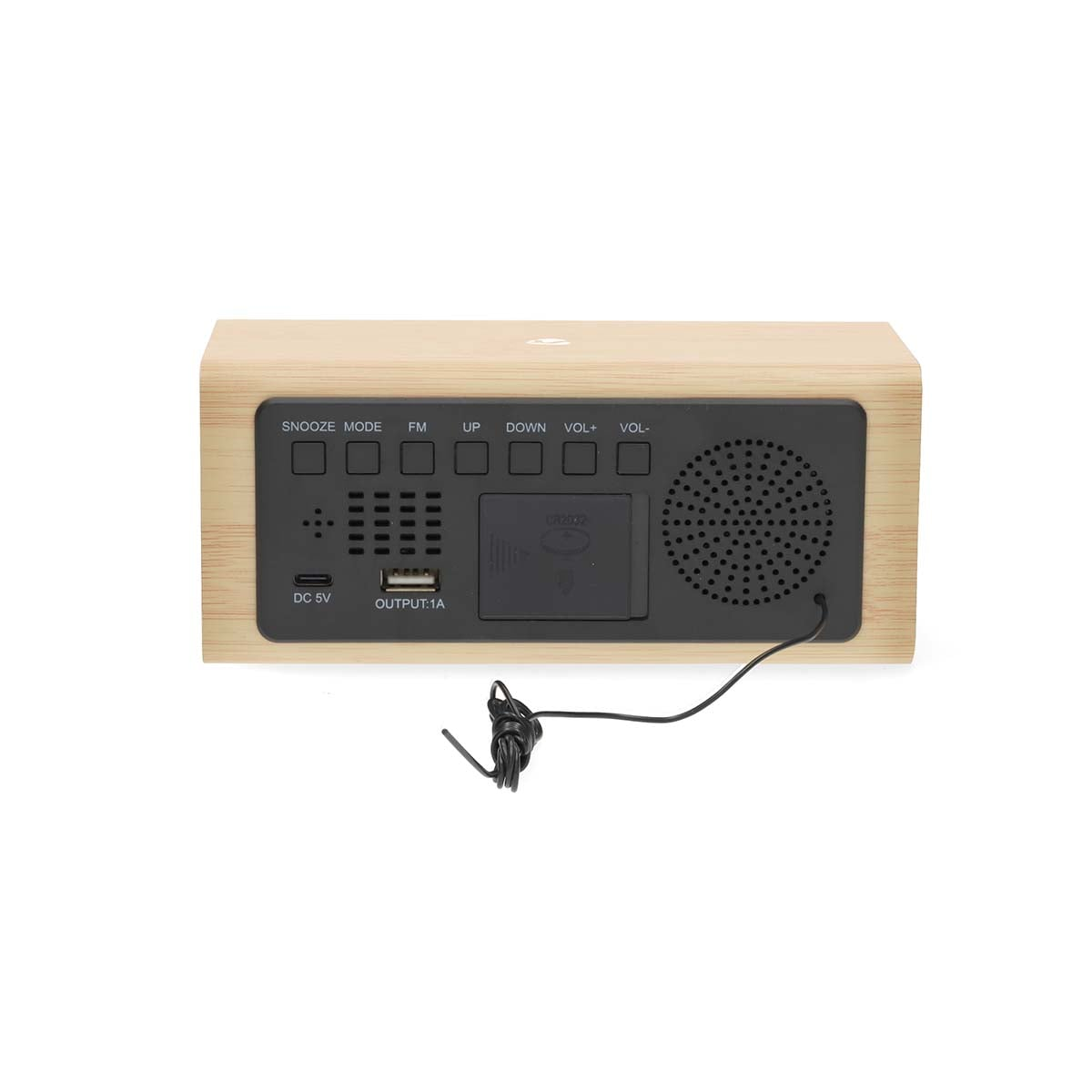 Die Rückseite eines Holzuhr-Radios mit Knöpfen, Anschlüssen, Lautsprecher und angeschlossenem schwarzen Kabel.