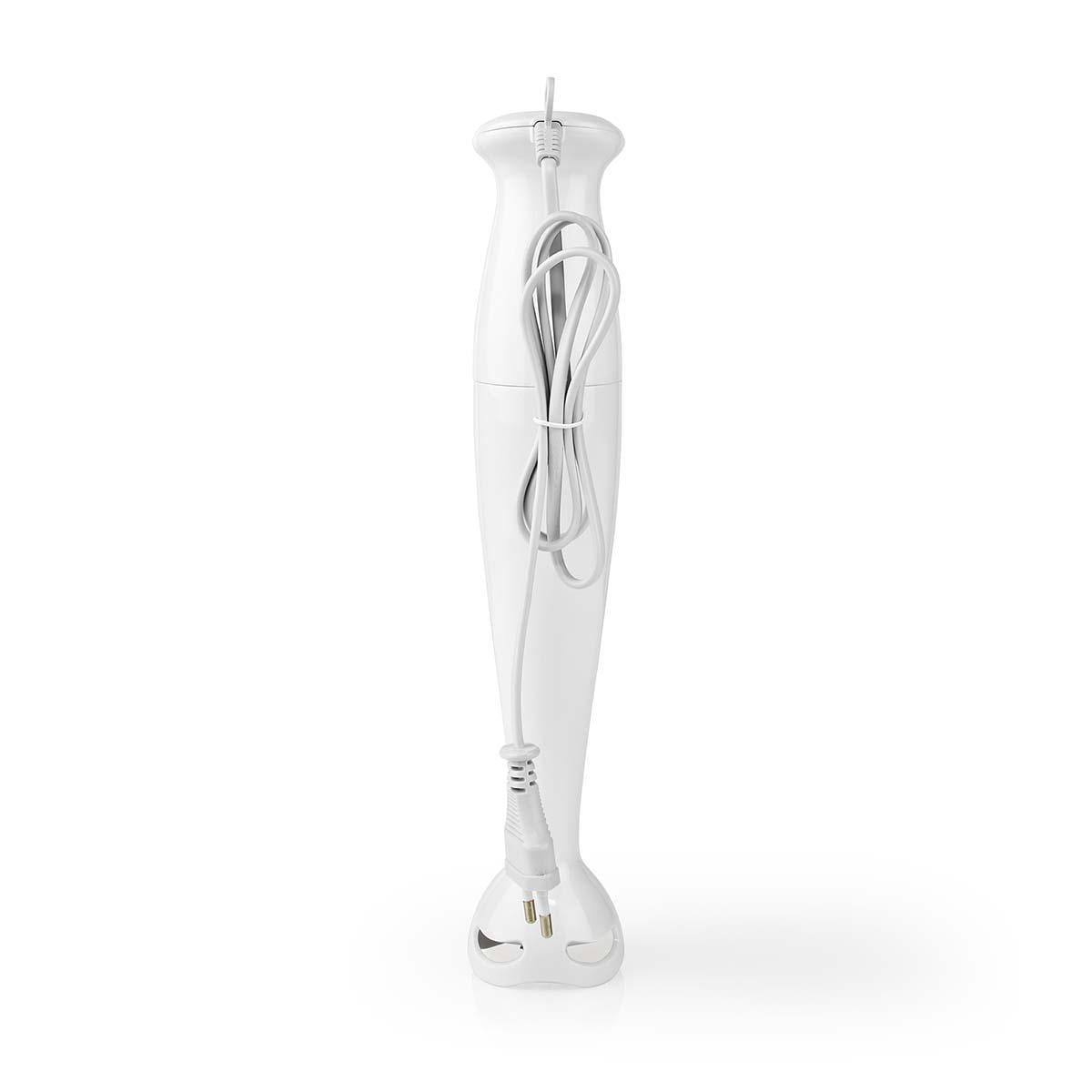 Un frullatore ad immersione bianco si erge verticalmente su sfondo bianco, con il cavo di alimentazione avvolto.