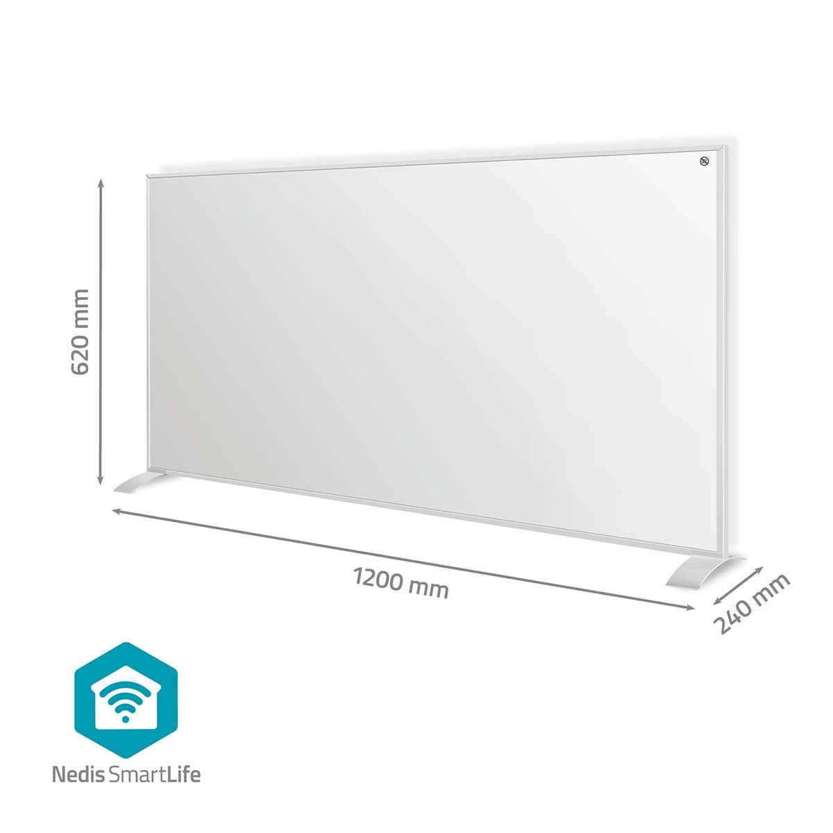 Pannello riscaldante SmartLife bianco con dimensioni 1200 x 620 x 240 mm su due piedi.