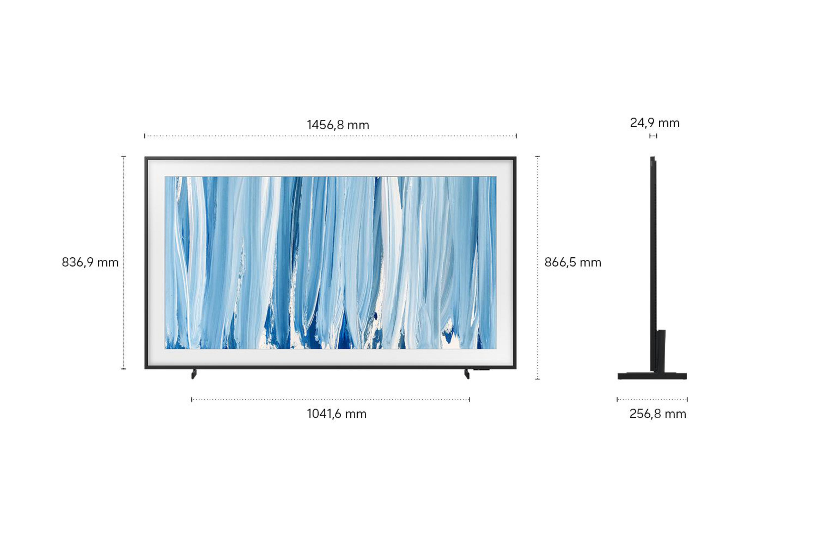 Technische Zeichnung eines Fernsehers mit Vorder- und Seitenansicht und Maßen in Millimetern.