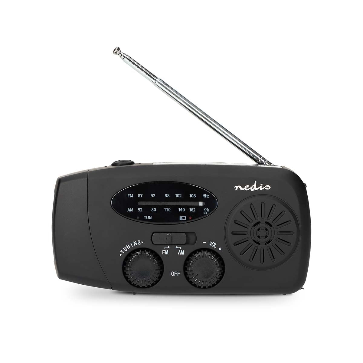 Una radio portatile nera con antenna, quadrante e altoparlante su sfondo bianco.