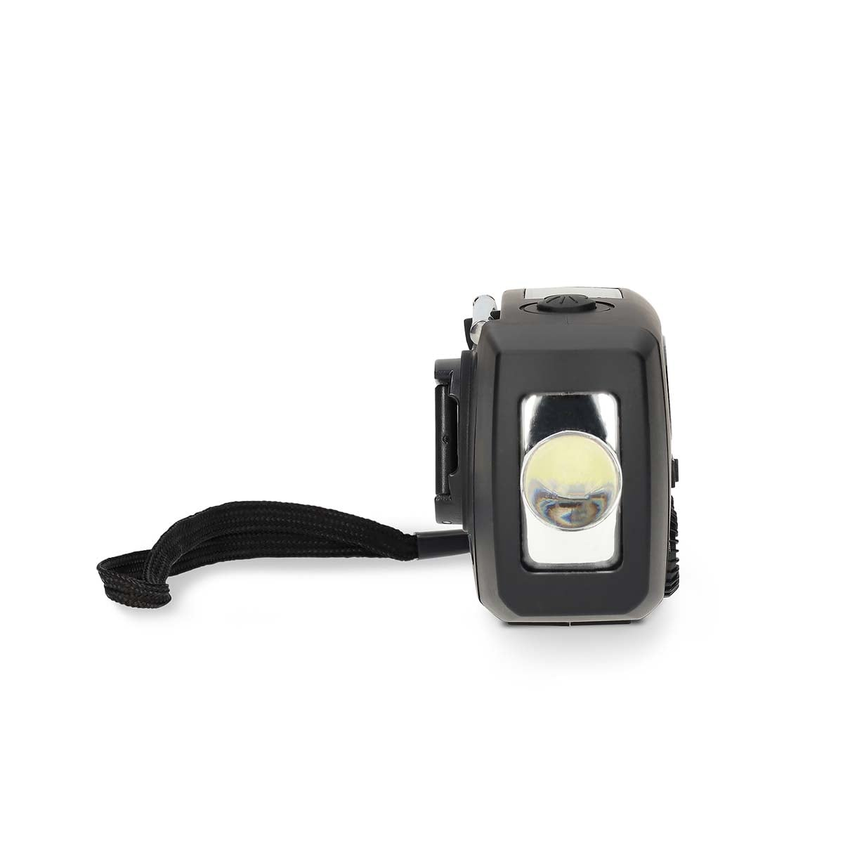 Una torcia LED nera e compatta con un cinturino da polso su sfondo bianco.