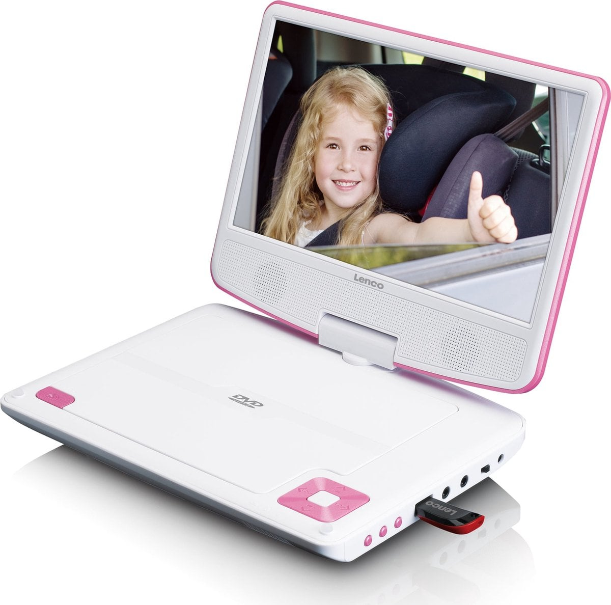 Un lecteur DVD portable blanc et rose affiche une fille blonde dans une voiture faisant un pouce levé.
