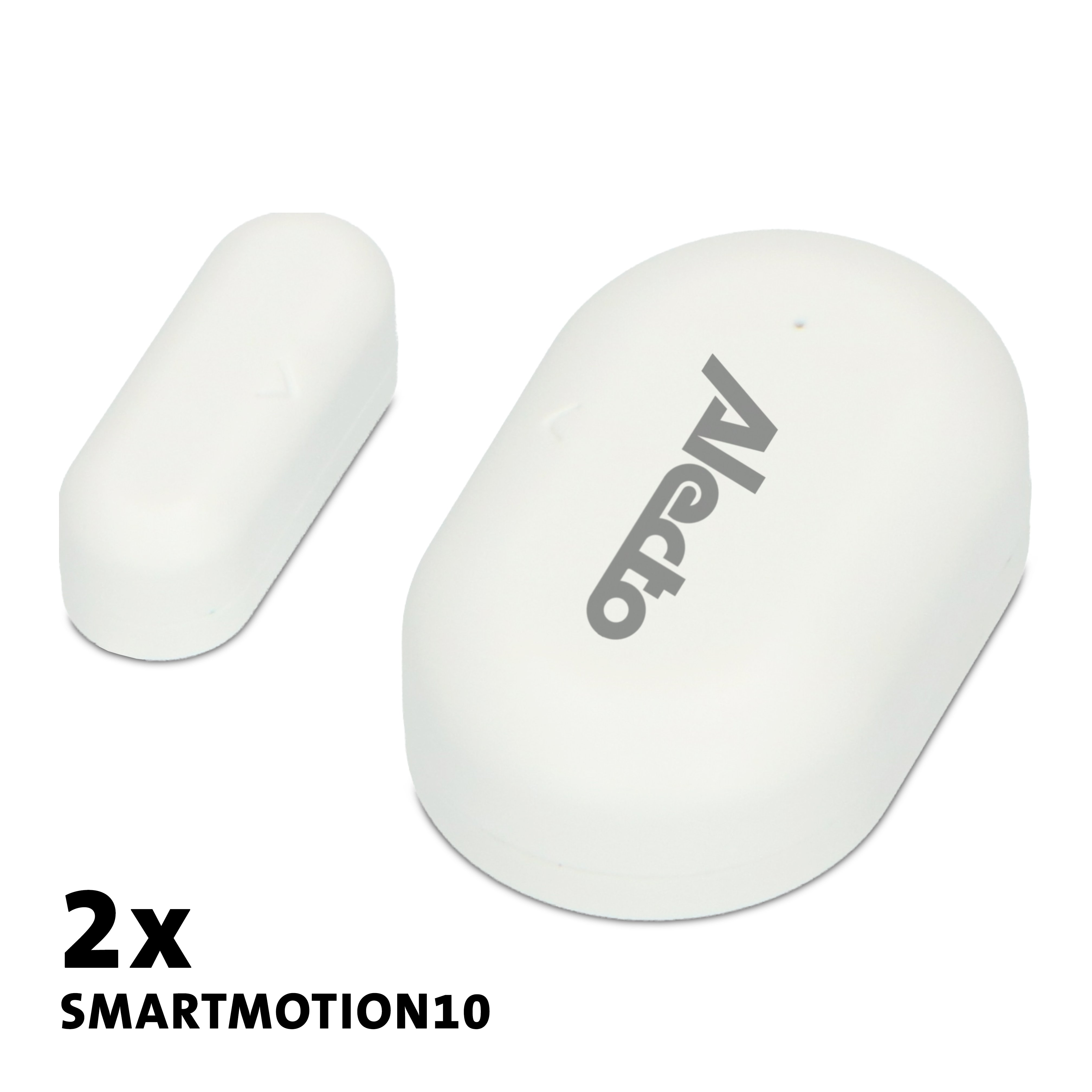 Zwei weiße Alecto Smartmotion10 Bewegungssensoren auf weißem Hintergrund.