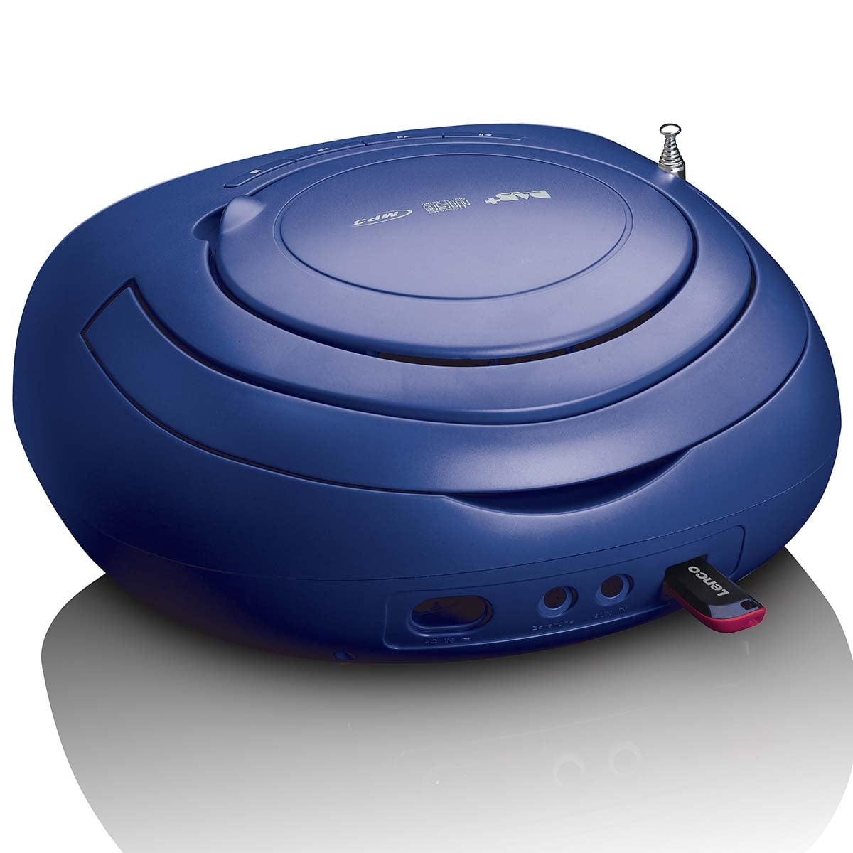 Ein blauer CD-Player mit USB-Stick und Antenne auf einer glänzenden Oberfläche.