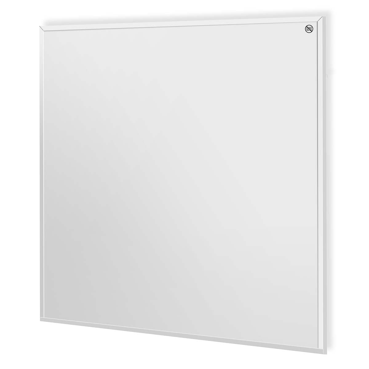 Un pannello riscaldante a infrarossi bianco quadrato con una sottile cornice metallica e un logo.