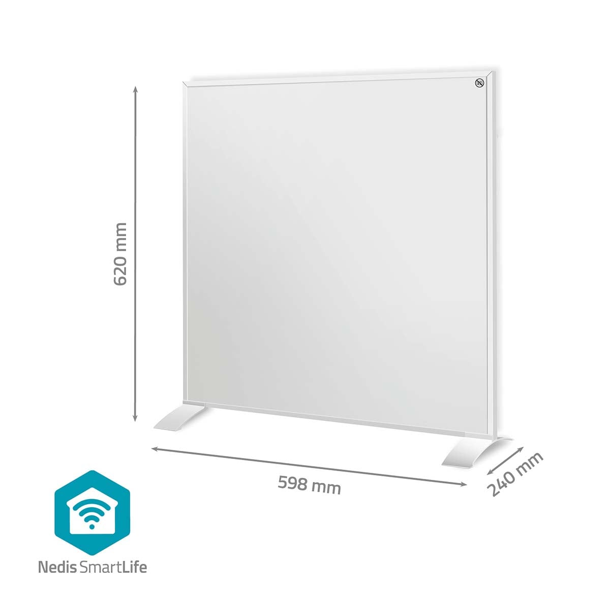 Un termoconvettore a pannello rettangolare bianco con frecce di quota che indicano 620 mm di altezza, 598 mm di larghezza e 240 mm di profondità.