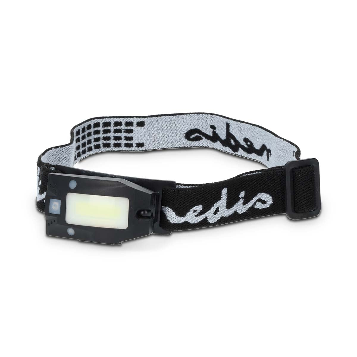 Lampada frontale LED nera con cinturino elastico fantasia su fondo bianco.